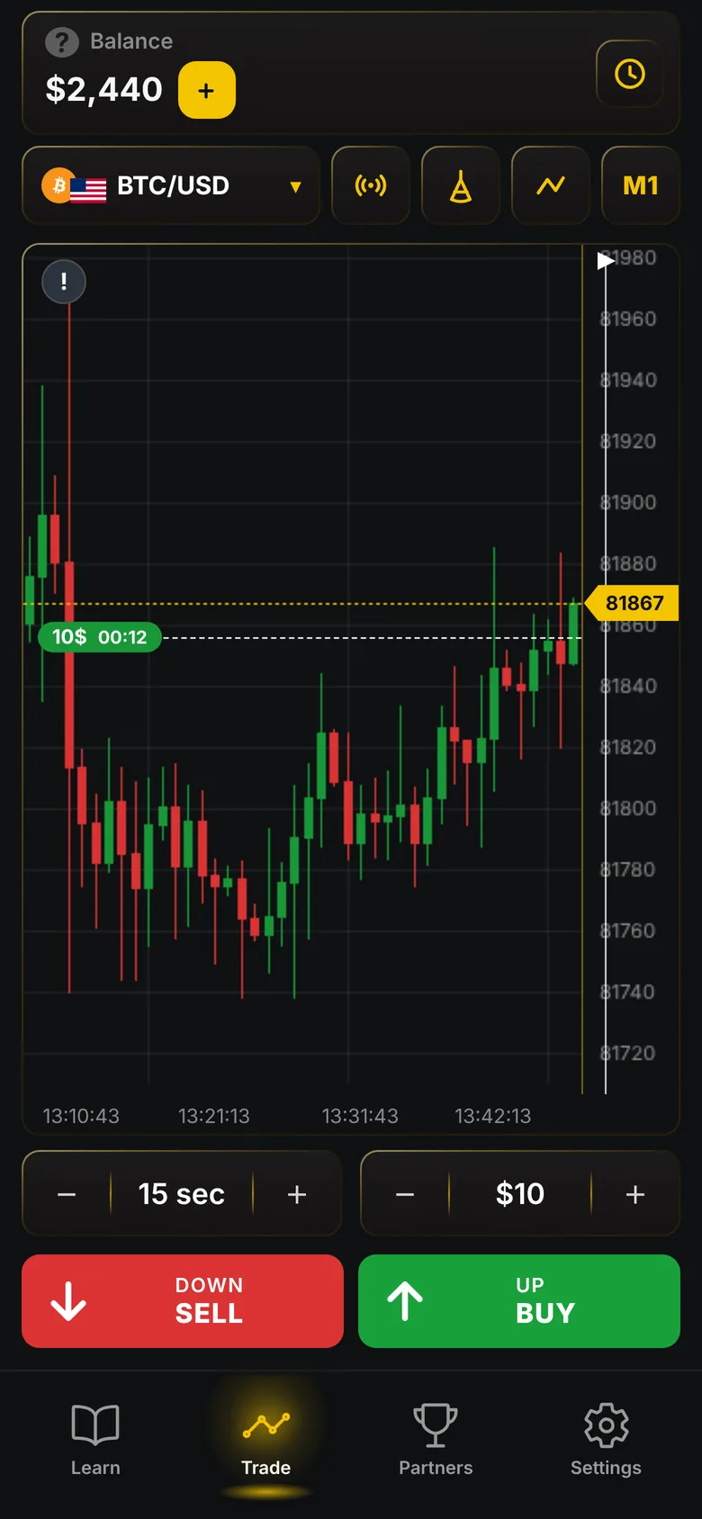 Trading simulator screen with a live BTC/USD chart